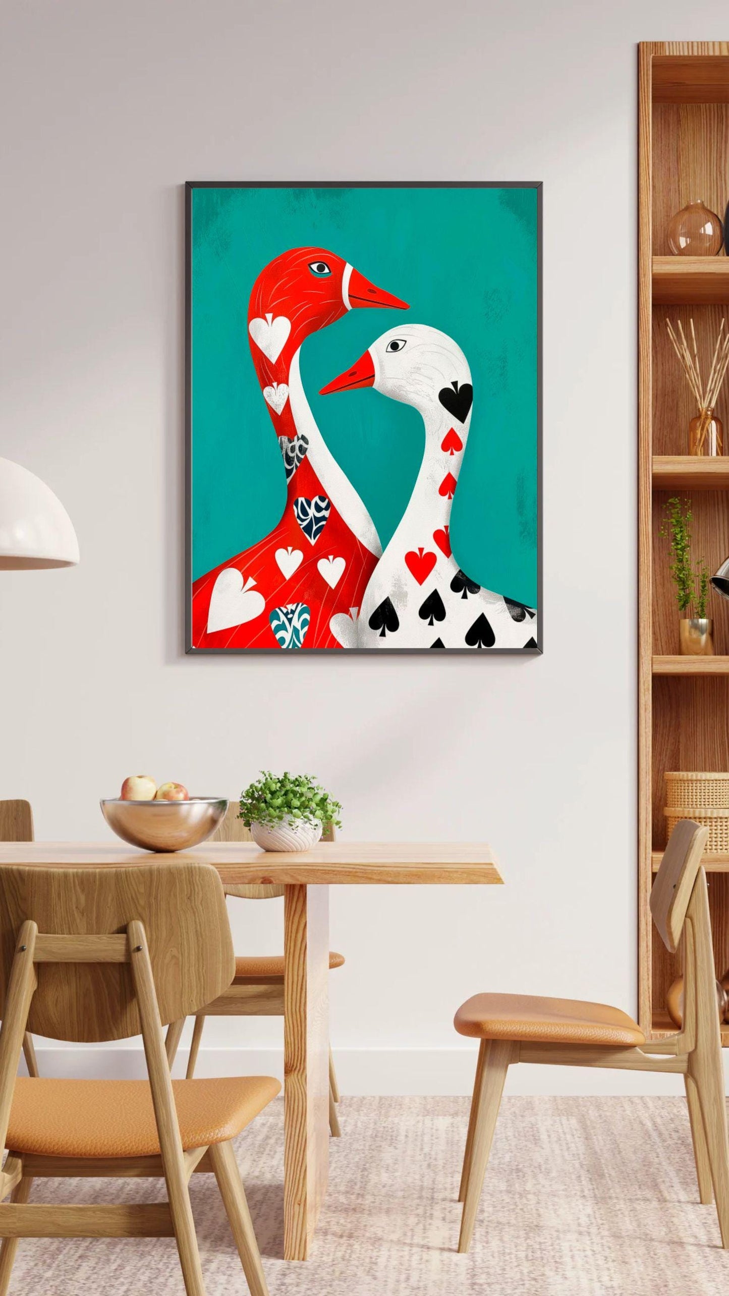 Playing Card Geese Wall Art | Teal Printable Goose Poster | Red & White Birds Art | Modern Hearts and Spades Illustration | Digital Download