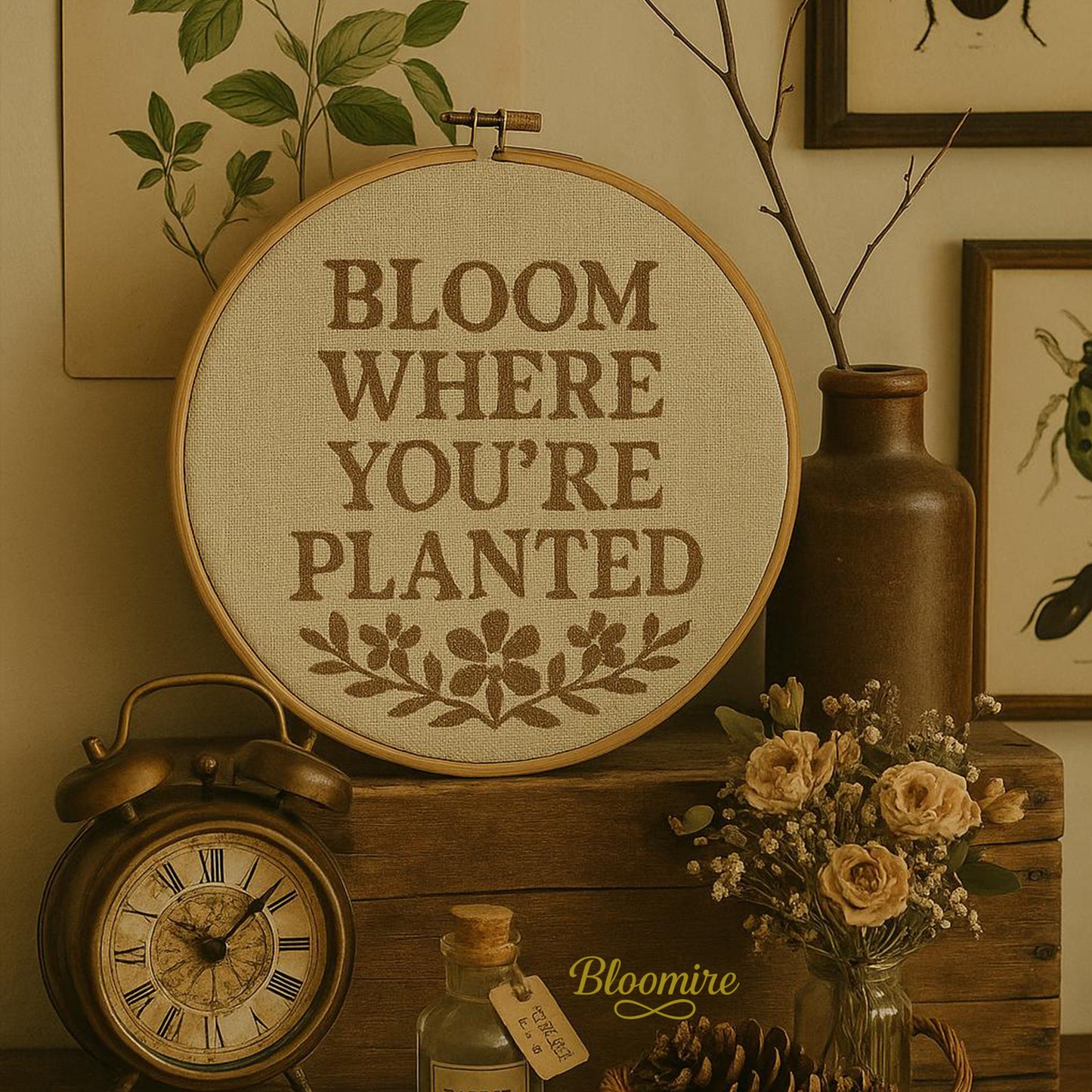 Bloom Where You’re Planted Cross Stitch Pattern – Modern Botanical PDF Embroidery Sampler, Digital Rustic Quote Hoop, Cozy Stitch Art