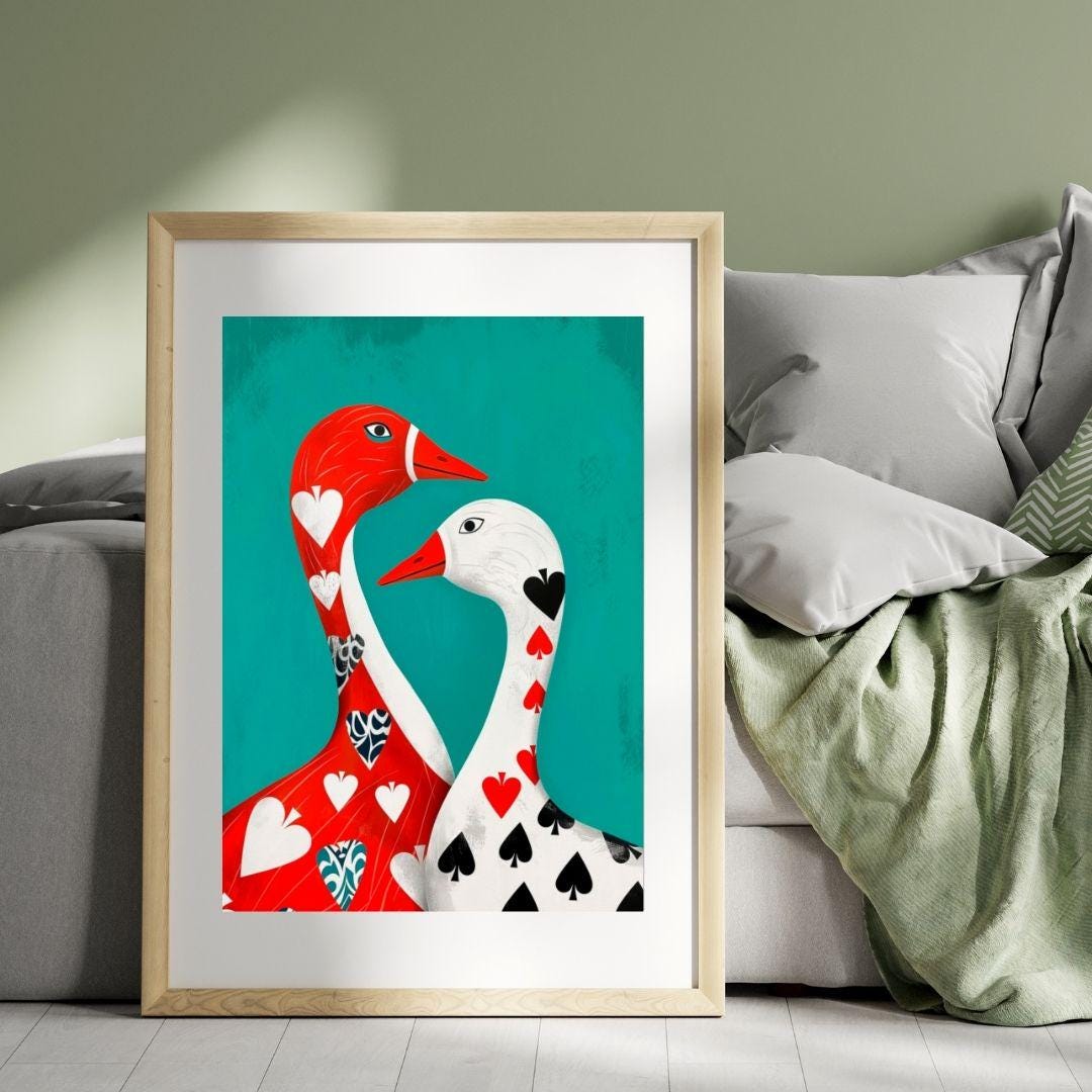 Playing Card Geese Wall Art | Teal Printable Goose Poster | Red & White Birds Art | Modern Hearts and Spades Illustration | Digital Download