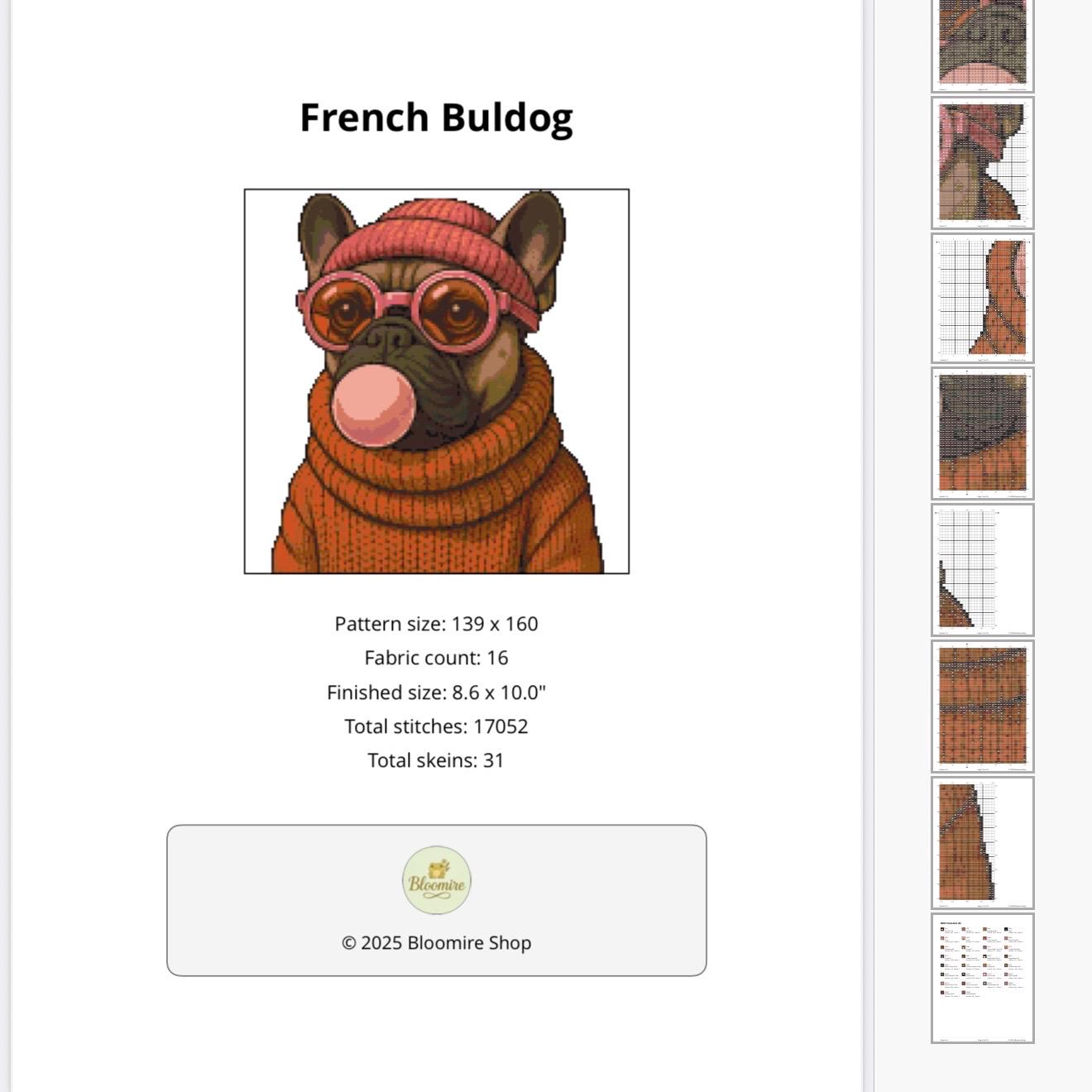 French Bulldog Cross Stitch Pattern PDF – Digital Embroidery Chart – Funny Dog in Glasses & Beanie – Modern Hoop Art for Dog Lovers