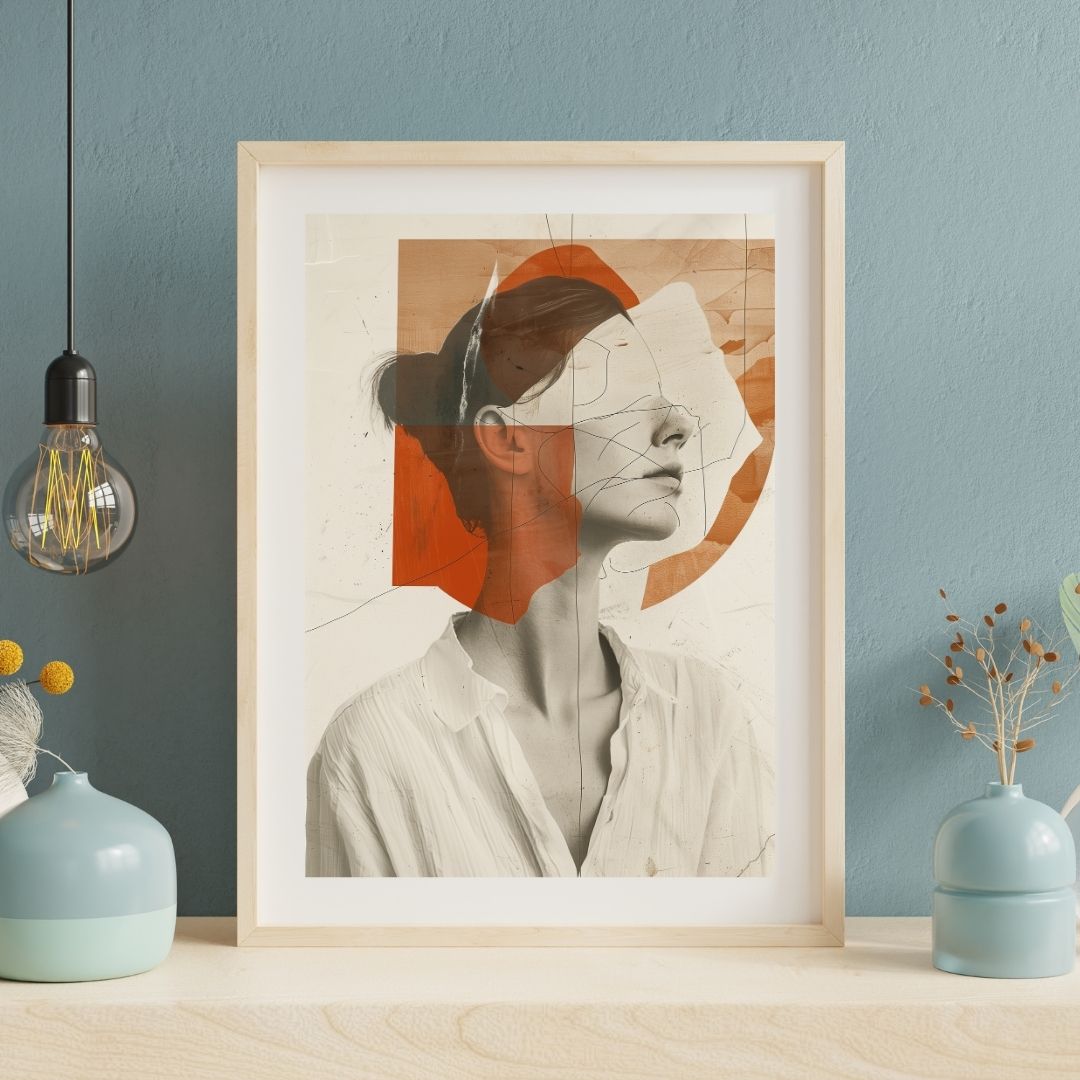 Minimalist abstract wall art print in wooden frame on light wood table, styled with vases and Edison bulb, blue wall background.