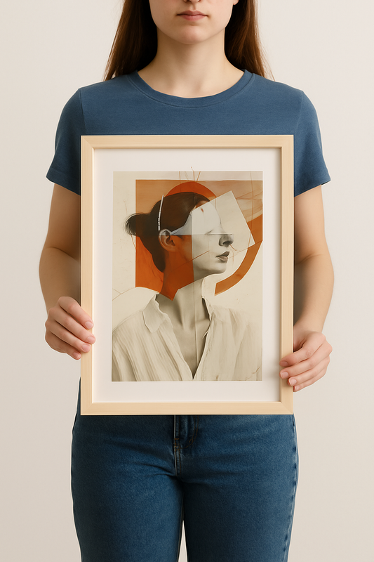 Woman in blue shirt holding vertical abstract portrait print in wooden frame against neutral wall.