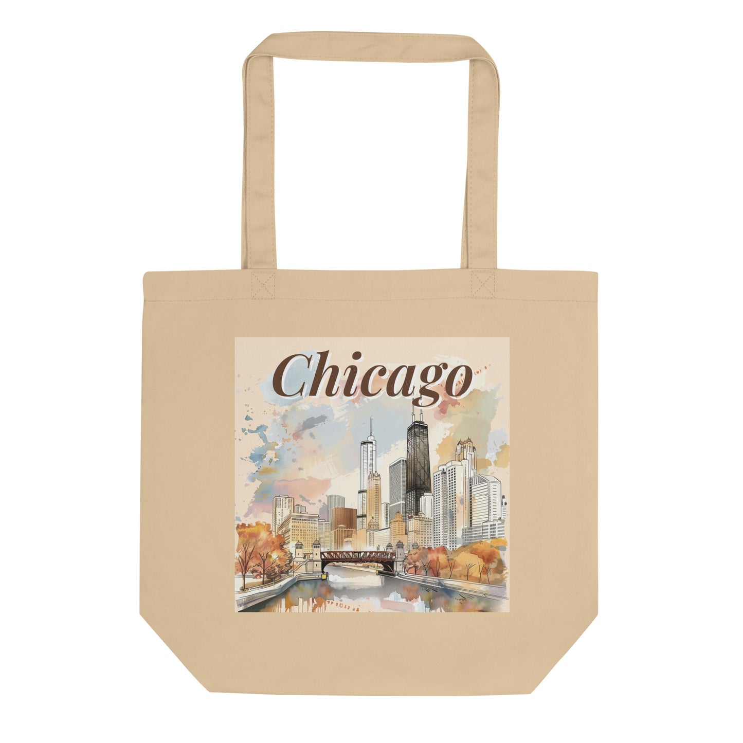 Chicago-themed tote bag hanging on a wall hook, front view.