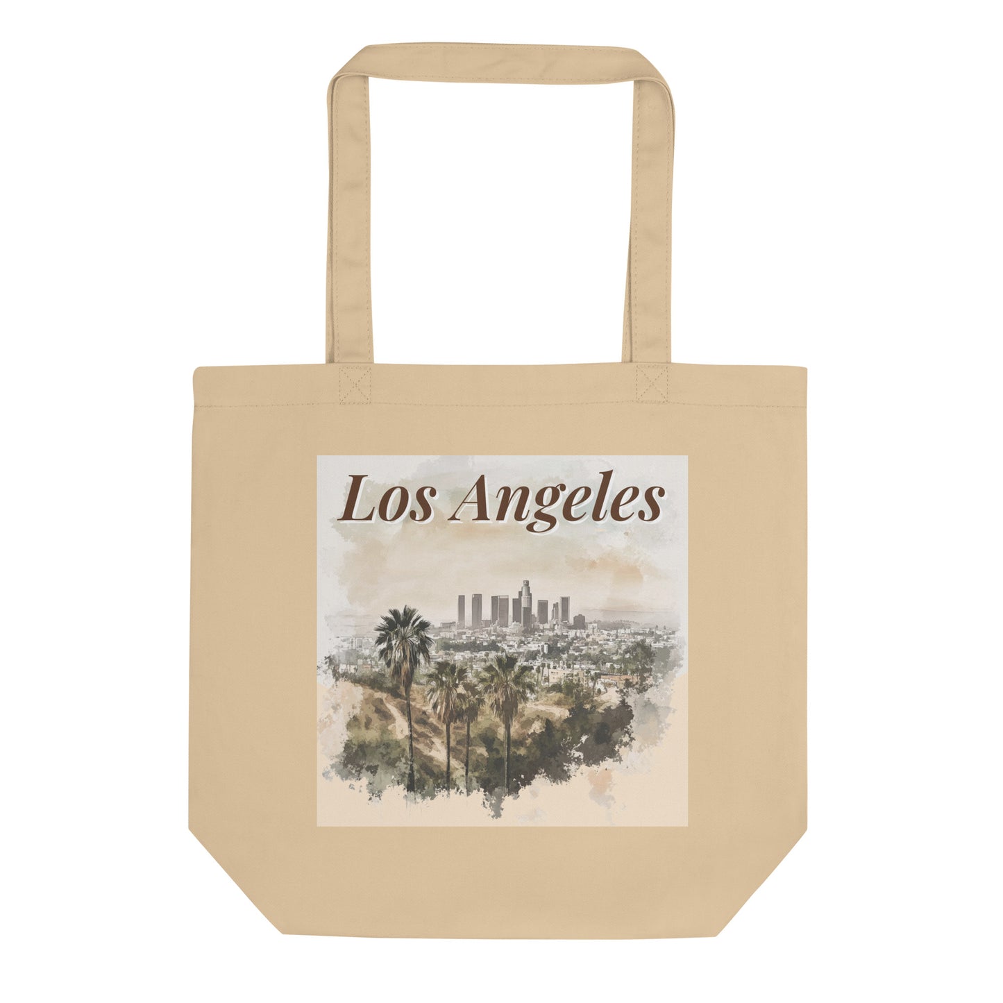 Front view of Los Angeles tote bag with square watercolor illustration and city name