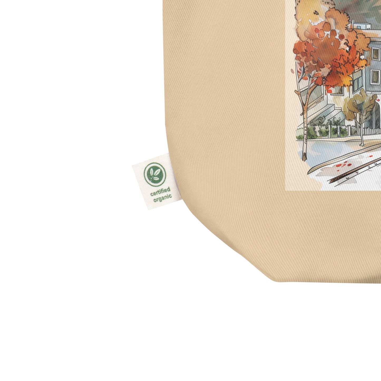 Close-up of the certified organic tag on the bottom of the tote bag