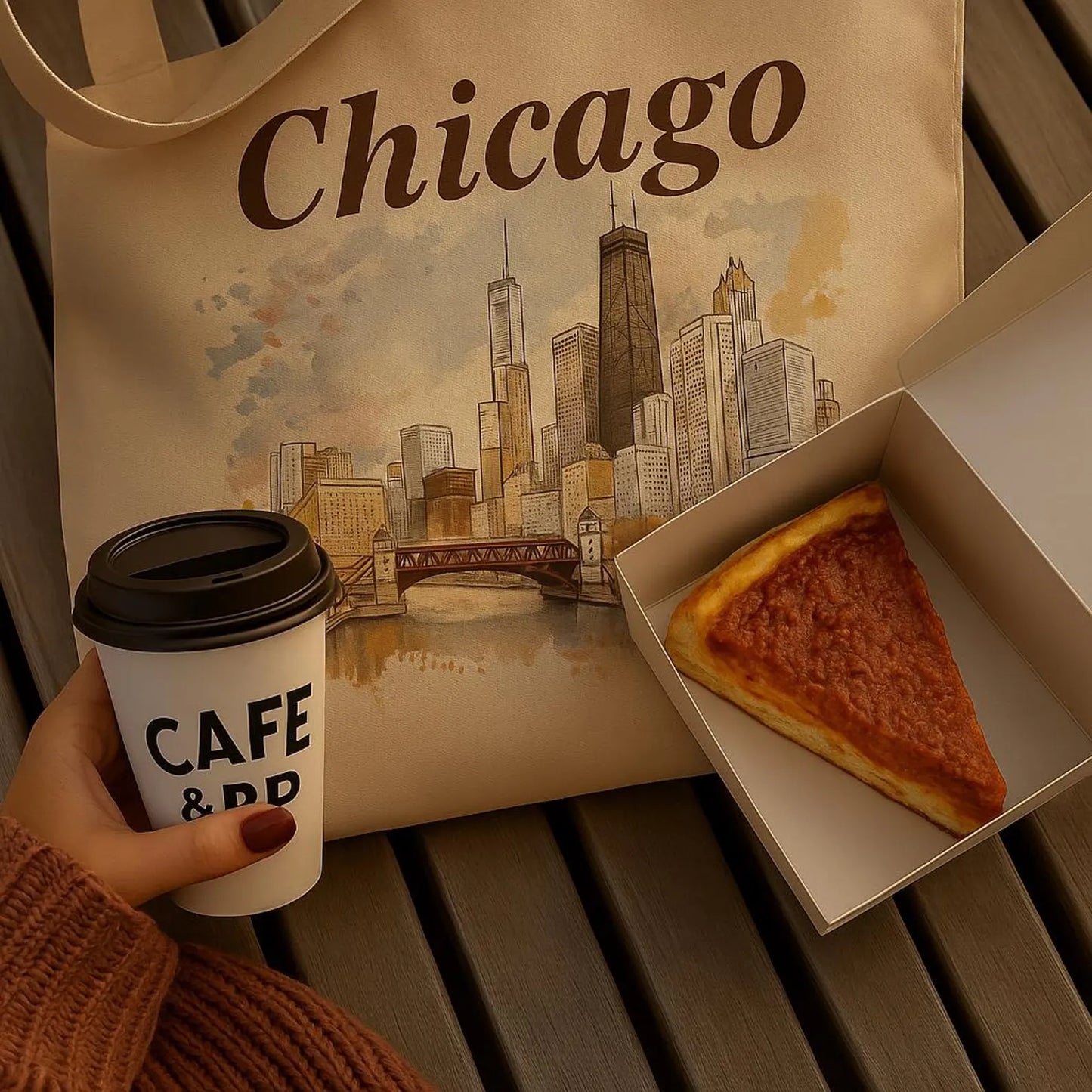Flat lay of a Chicago tote bag with a hand holding a Café cup and a box with pizza on a wooden bench.