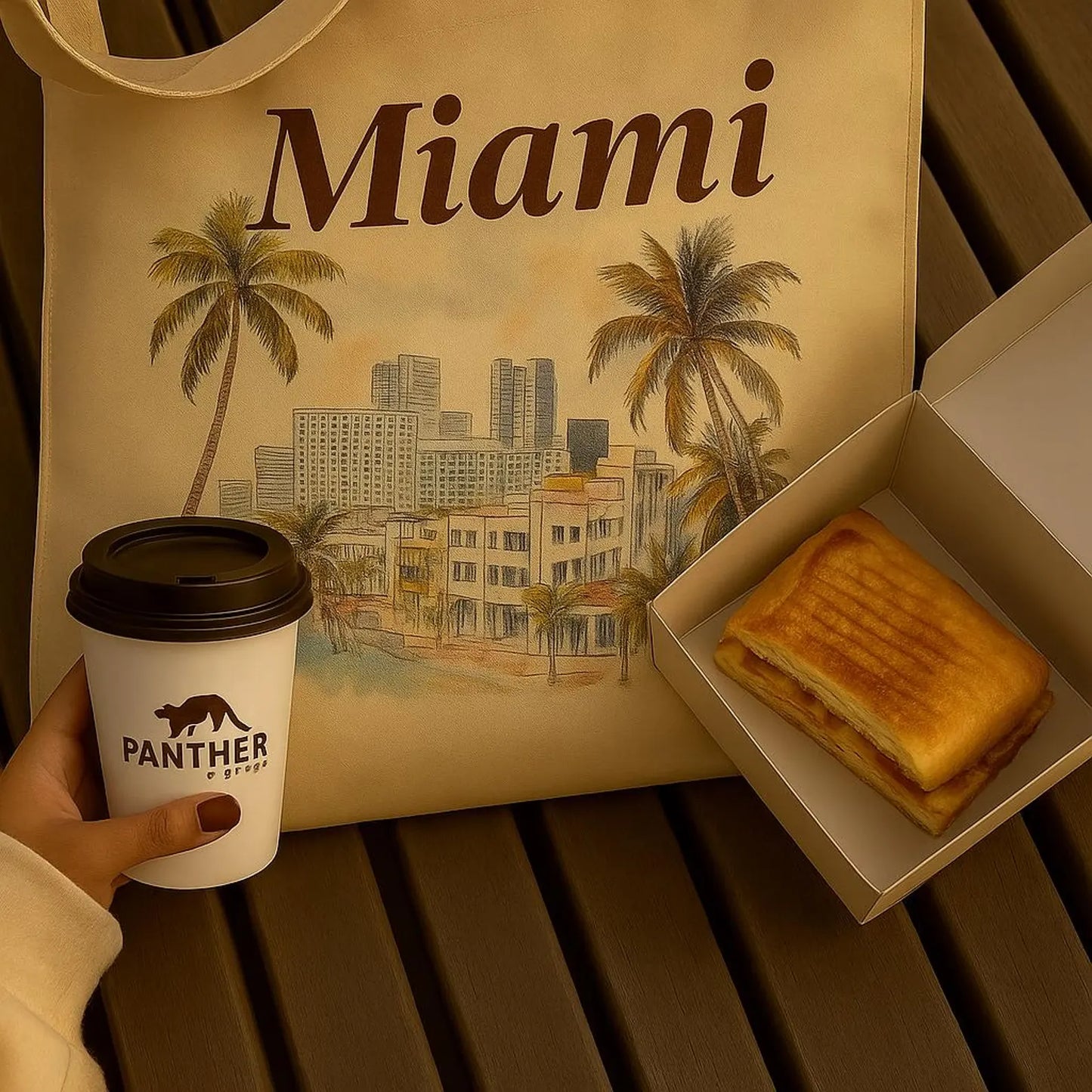Miami-themed tote bag styled with a coffee cup and a pastelito pastry on a wooden surface. A cozy café moment that captures a relaxed, tropical lifestyle vibe.