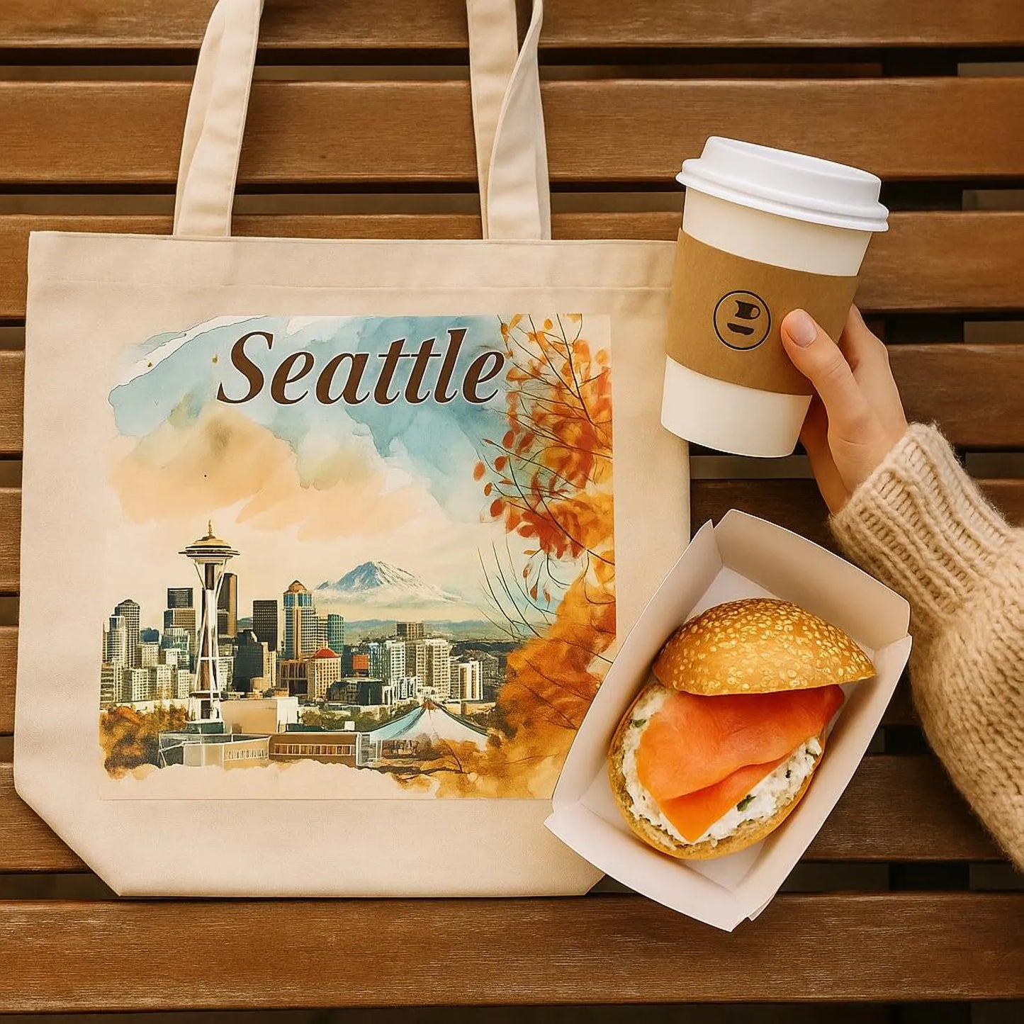 Seattle tote bag on a wooden bench next to coffee and food, cozy lifestyle flat lay.