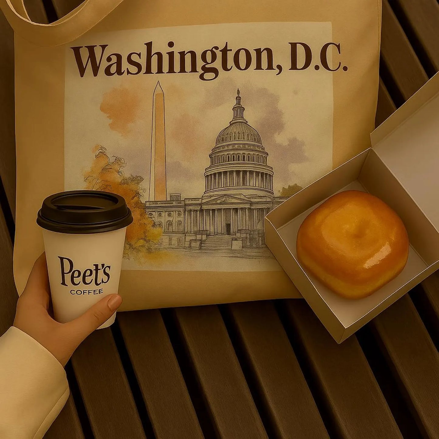 A cozy café scene with a Washington, D.C. tote bag, a hand holding a Peet’s coffee cup, and a pastry in a box. Warm lighting and wooden surface add comfort and local flavor.