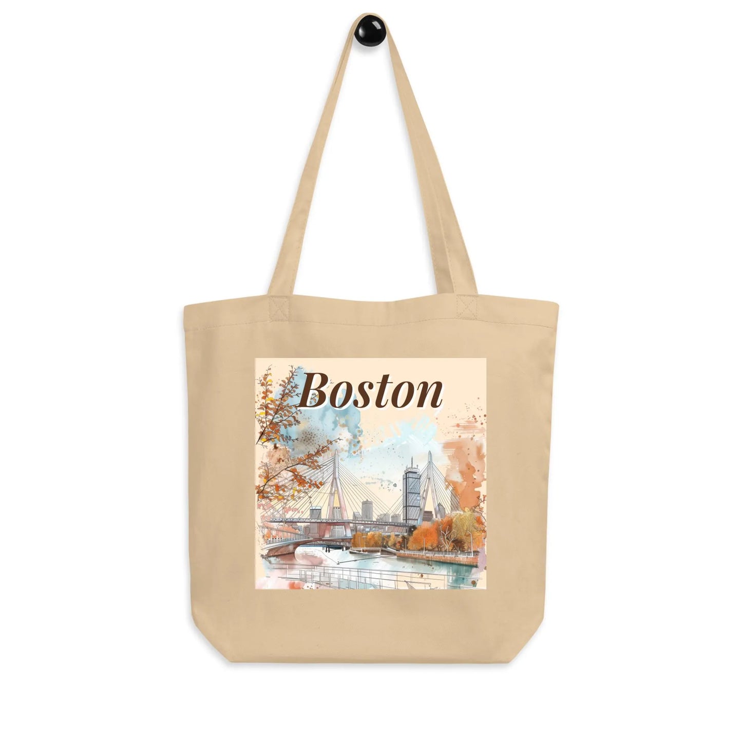 Boston Tote Bag – Organic Cotton Eco Shopper with Zakim Bridge Print, Fall Watercolor City Design, Reusable Canvas Gift Bag