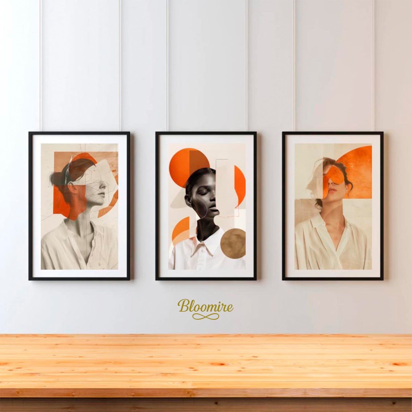 Abstract Muse Poster Set of 3 | Surreal Female Portrait Wall Art | Modern Minimalist Line Art Collage | Neutral Orange Beige Digital Prints