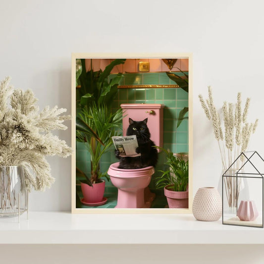 Funny Black Cat Bathroom Poster - Tropical Vintage Wall Art - Printable Bathroom Decor with Plants and Humor - Digital Download in Multiple