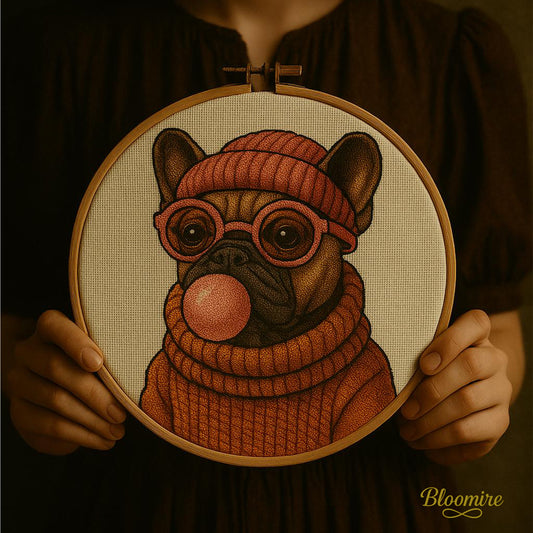 French Bulldog Cross Stitch Pattern PDF – Digital Embroidery Chart – Funny Dog in Glasses & Beanie – Modern Hoop Art for Dog Lovers