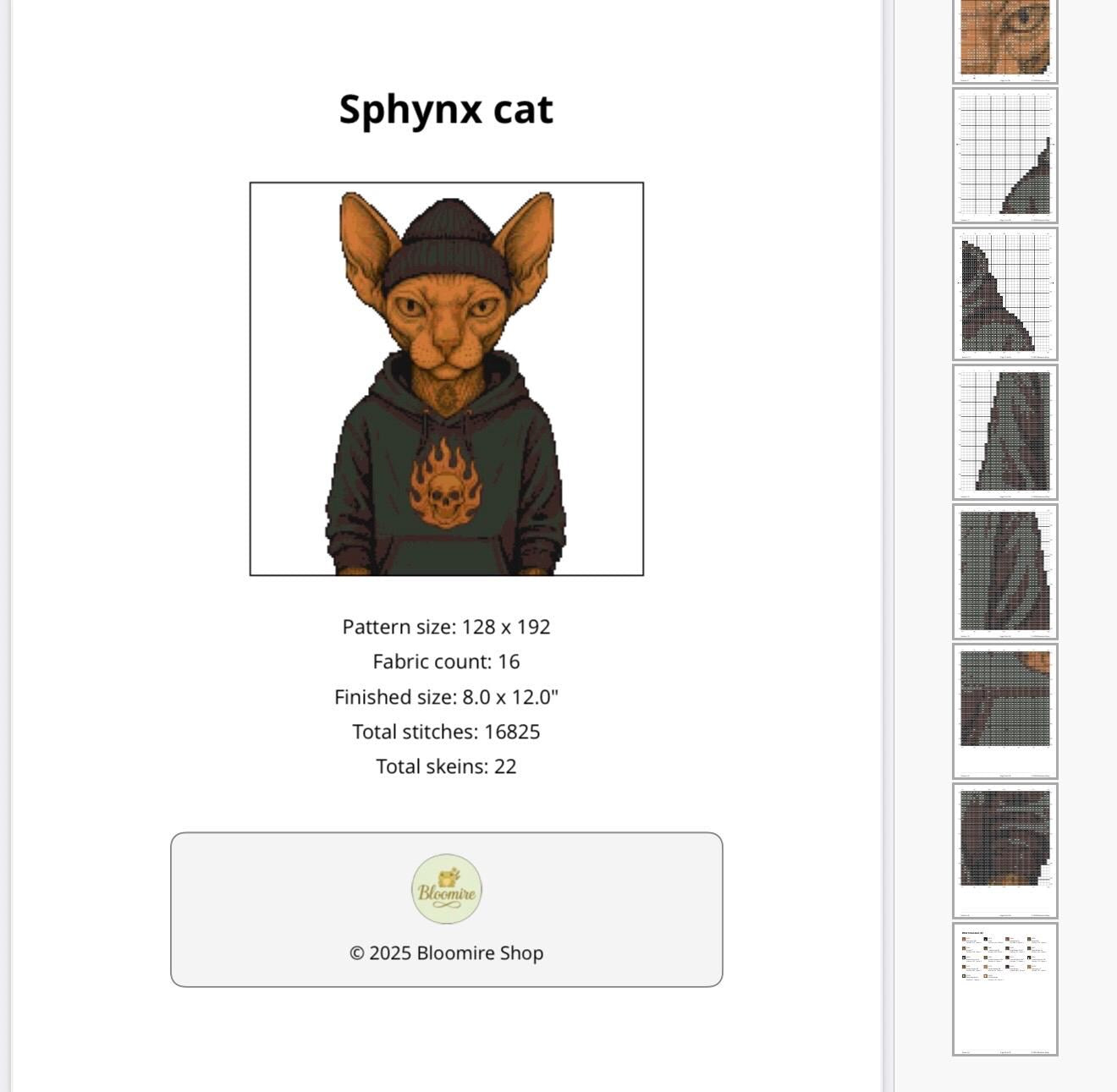 Sphynx Cat Cross Stitch Pattern – PDF Digital Chart – Tattooed Cat in Beanie & Hoodie – Funny Modern Embroidery Design for Decor