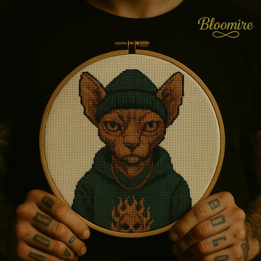 Sphynx Cat Cross Stitch Pattern – PDF Digital Chart – Tattooed Cat in Beanie & Hoodie – Funny Modern Embroidery Design for Decor