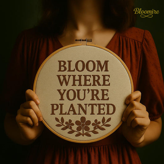 Bloom Where You’re Planted Cross Stitch Pattern – Modern Botanical PDF Embroidery Sampler, Digital Rustic Quote Hoop, Cozy Stitch Art