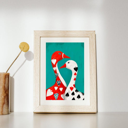 Playing Card Geese Wall Art | Teal Printable Goose Poster | Red & White Birds Art | Modern Hearts and Spades Illustration | Digital Download