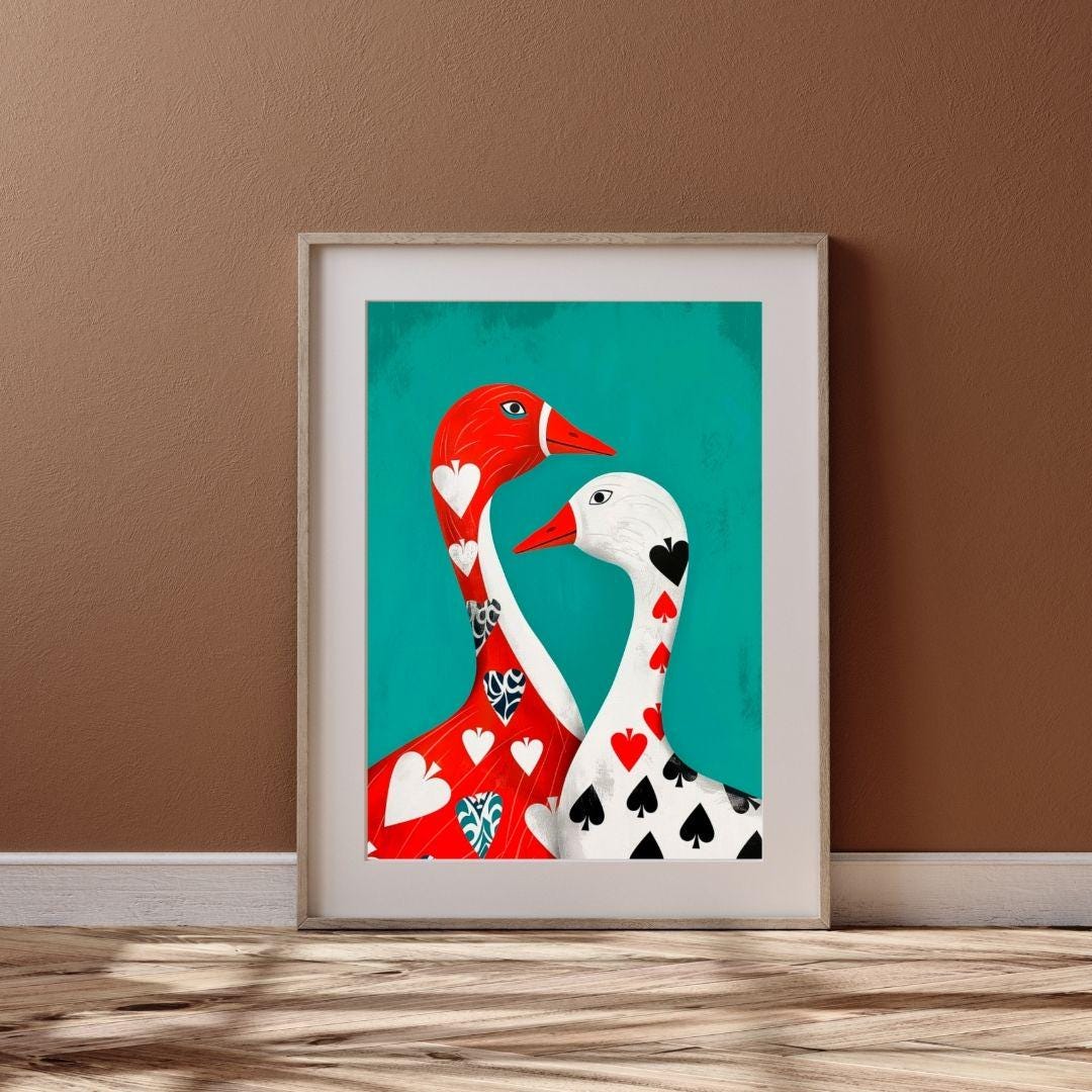 Playing Card Geese Wall Art | Teal Printable Goose Poster | Red & White Birds Art | Modern Hearts and Spades Illustration | Digital Download