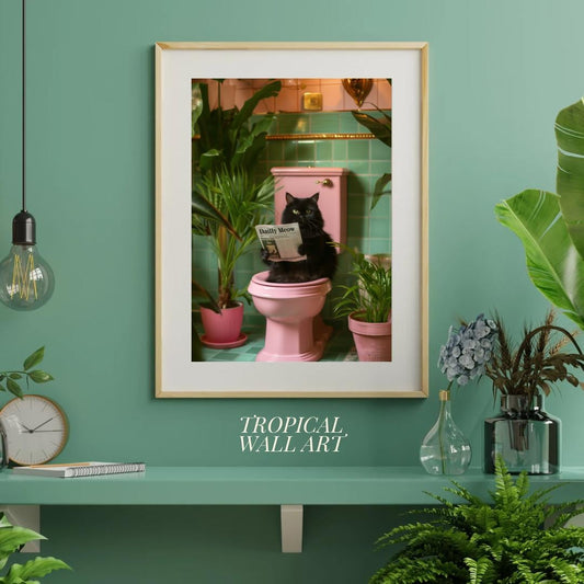 Funny Black Cat Bathroom Poster - Tropical Vintage Wall Art - Printable Bathroom Decor with Plants and Humor - Digital Download in Multiple