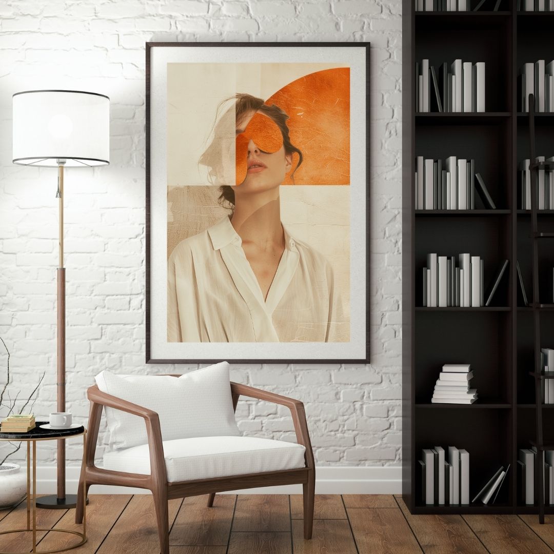 Large abstract face print hanging above wooden chair and floor lamp in cozy modern interior.
