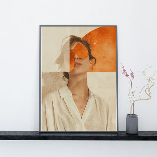 Minimalist abstract portrait in wooden frame on a black shelf with white wall and modern decor.