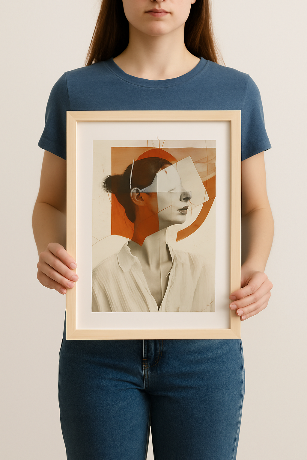 Woman in blue shirt holding vertical abstract portrait print in wooden frame against neutral wall.