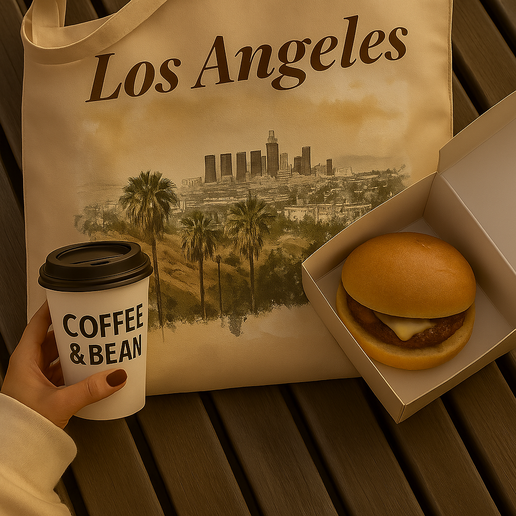 Los Angeles tote bag on bench with coffee and burger, cozy urban picnic scene