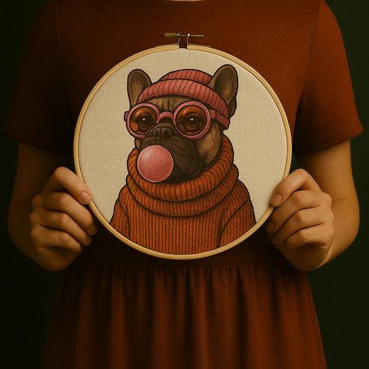 French Bulldog Cross Stitch Pattern PDF – Digital Embroidery Chart – Funny Dog in Glasses & Beanie – Modern Hoop Art for Dog Lovers