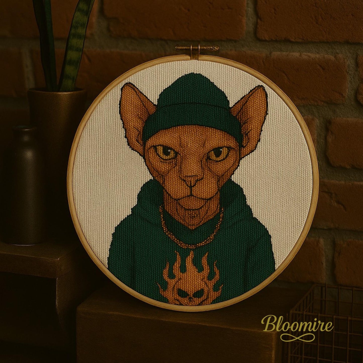 Sphynx Cat Cross Stitch Pattern – PDF Digital Chart – Tattooed Cat in Beanie & Hoodie – Funny Modern Embroidery Design for Decor