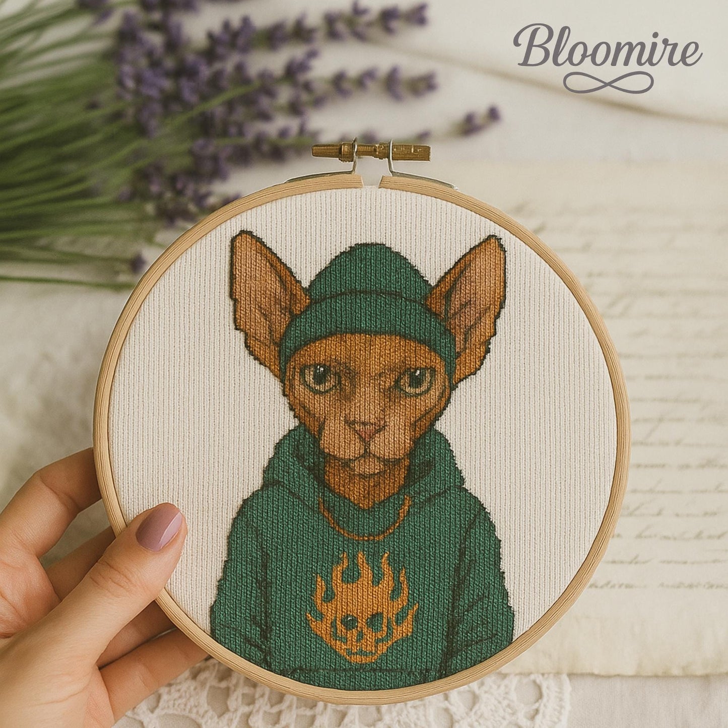 Sphynx Cat Cross Stitch Pattern – PDF Digital Chart – Tattooed Cat in Beanie & Hoodie – Funny Modern Embroidery Design for Decor