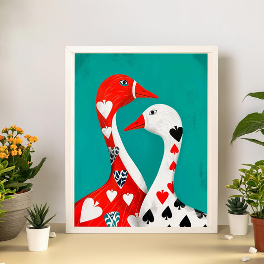 Playing Card Geese Wall Art | Teal Printable Goose Poster | Red & White Birds Art | Modern Hearts and Spades Illustration | Digital Download