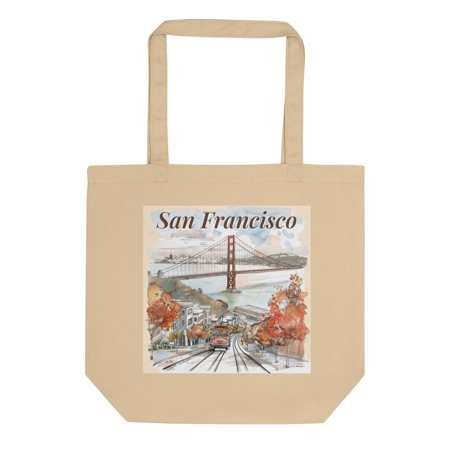 Flat-lay of the San Francisco tote bag with design visible on a beige background