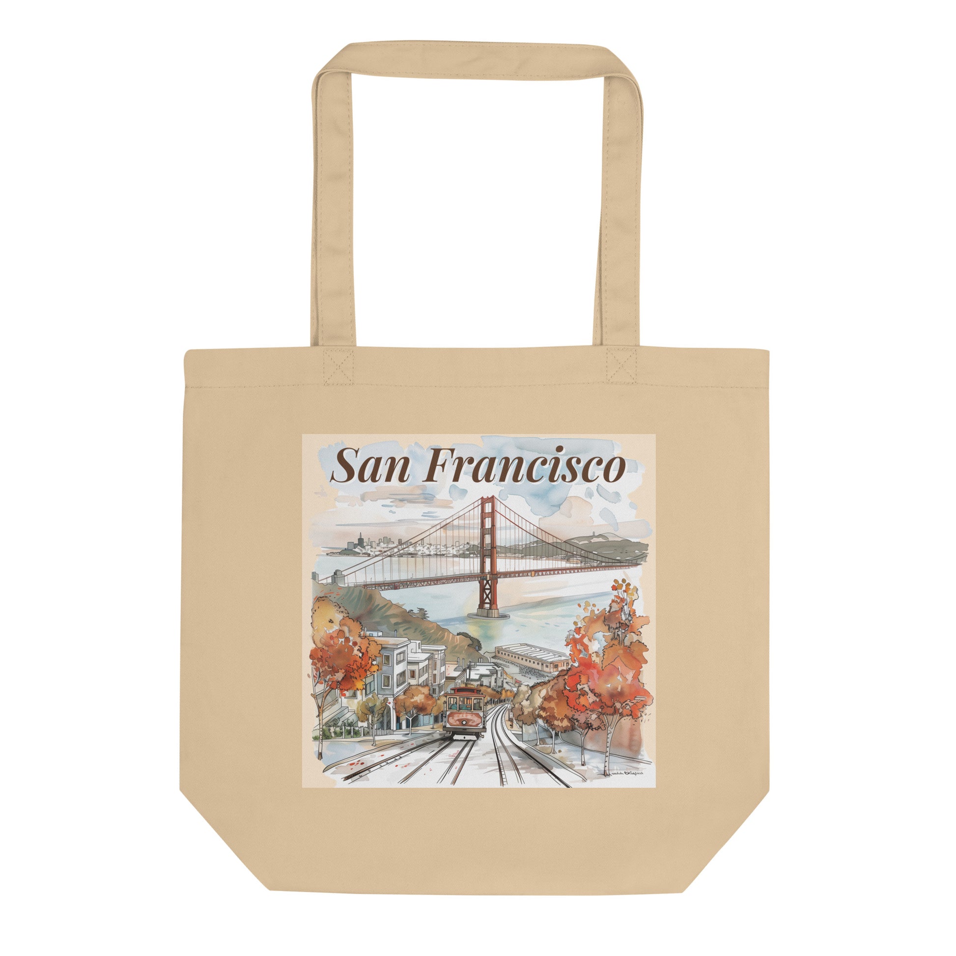Flat-lay of the San Francisco tote bag with design visible on a beige background