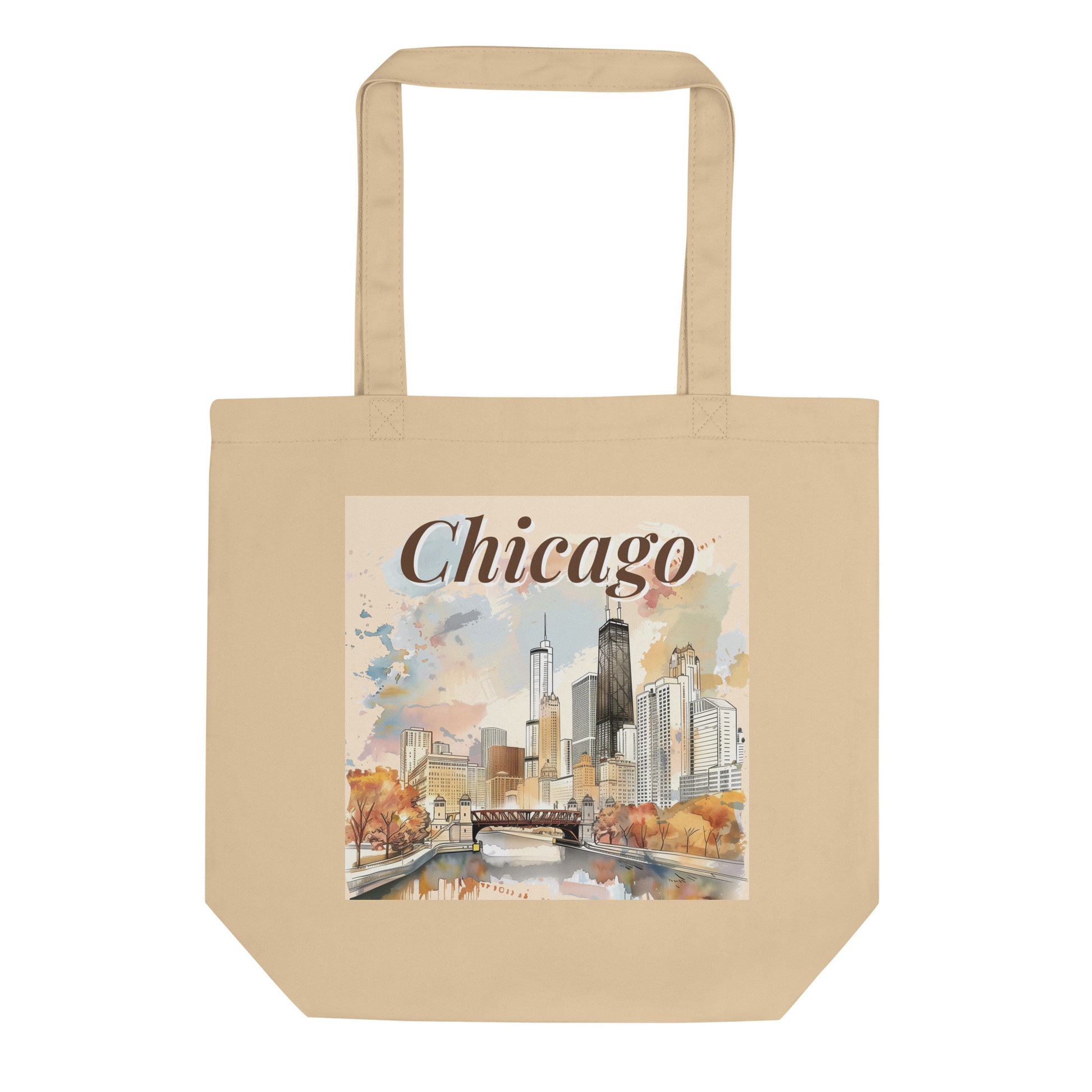 Chicago-themed tote bag hanging on a wall hook, front view.