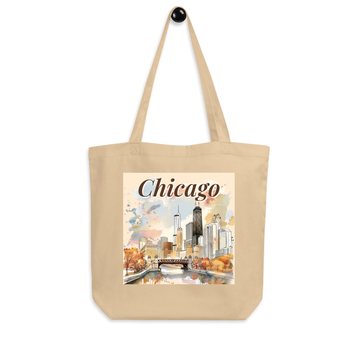 Front view of Chicago city illustration on a beige tote bag, studio mockup.