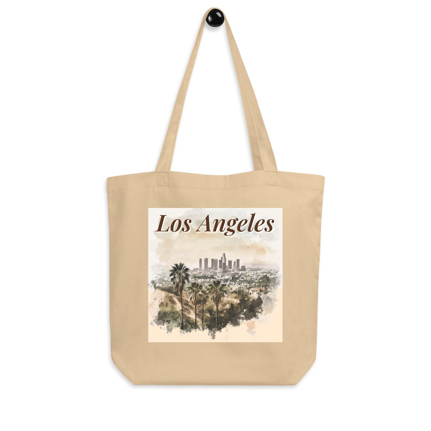 Los Angeles city tote bag with vintage watercolor art, displayed on clean white background