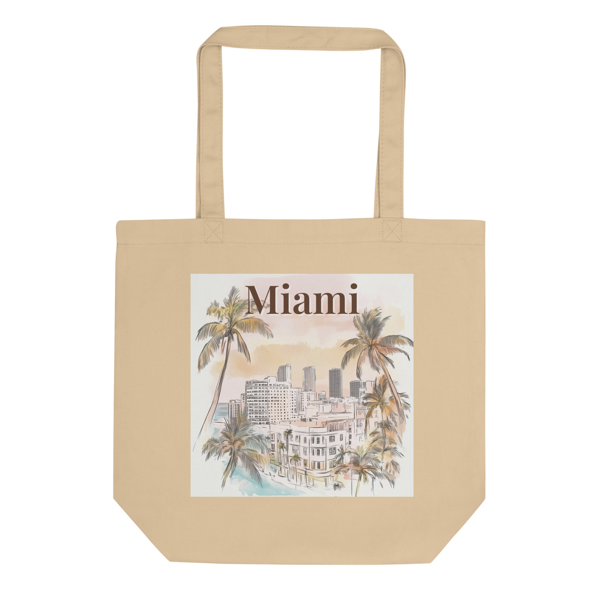 Beige organic cotton tote bag featuring a Miami watercolor design with palm trees and architecture. Durable dual straps and a soft artistic look make it perfect for everyday use or travel.