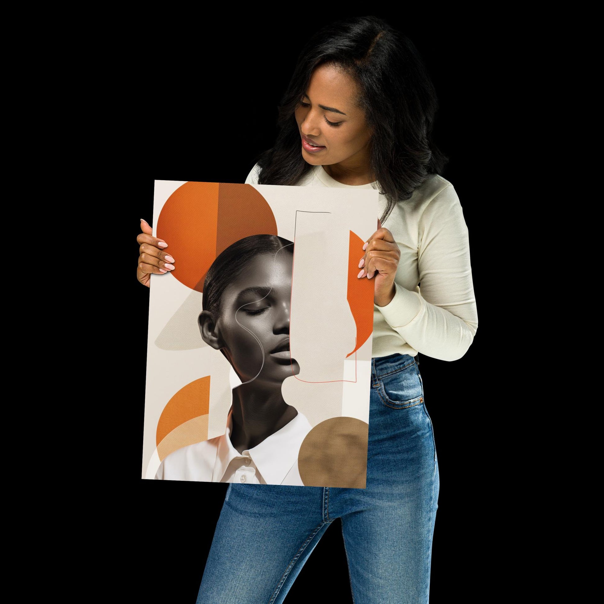 Smiling woman in casual outfit holding abstract art print with orange circles and modern portrait.