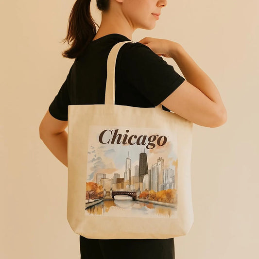 Woman holding a Chicago-themed beige tote bag in front of a neutral background.