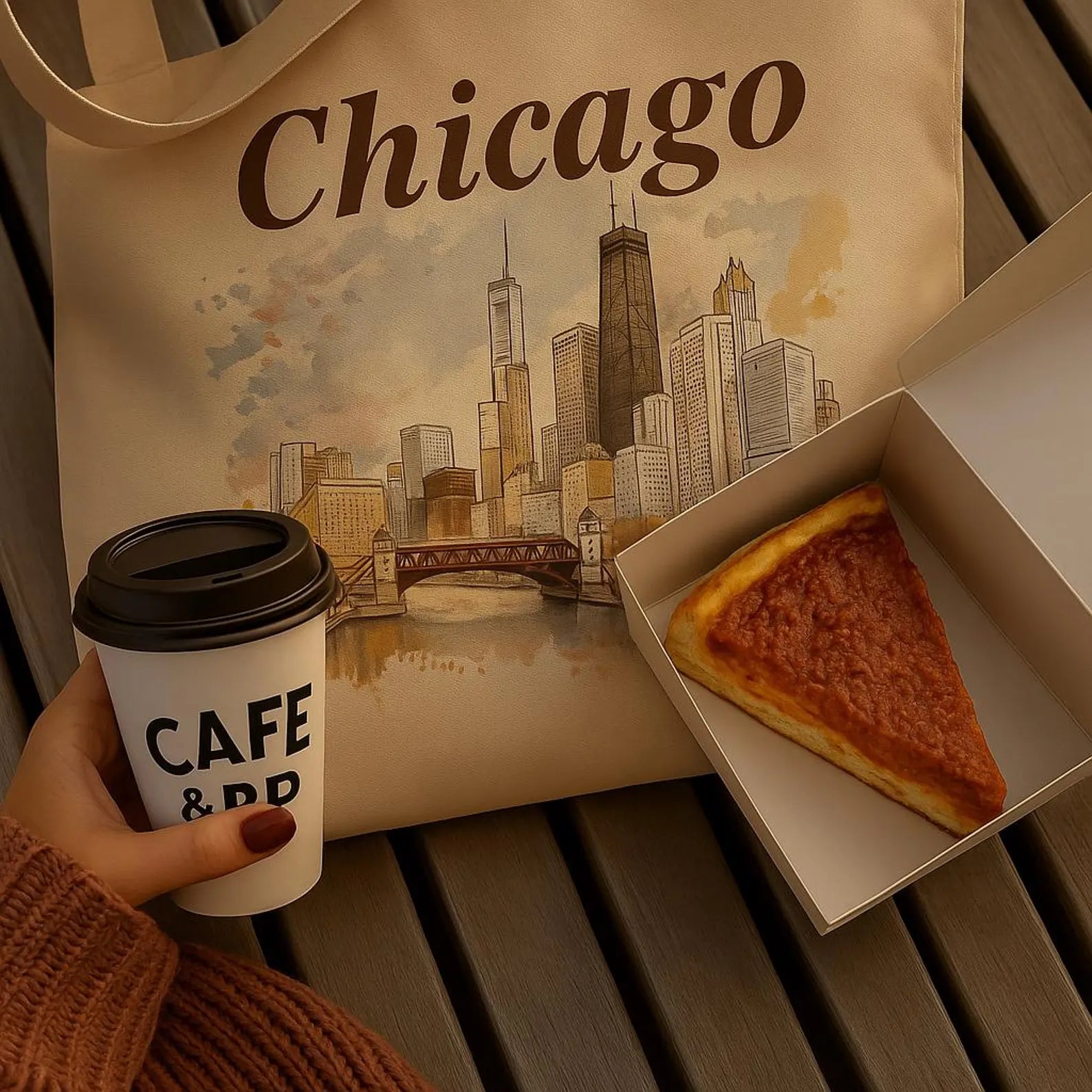 Flat lay of a Chicago tote bag with a hand holding a Café cup and a box with pizza on a wooden bench.