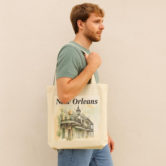 Man wearing a New Orleans tote bag, side view