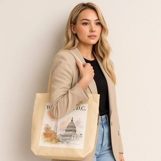 A stylish young woman with blonde hair in a light neutral sweatshirt holds a beige tote bag on her shoulder. The tote features a watercolor illustration of Washington, D.C., including the Capitol and Washington Monument. Perfect modern lifestyle shot for Etsy.