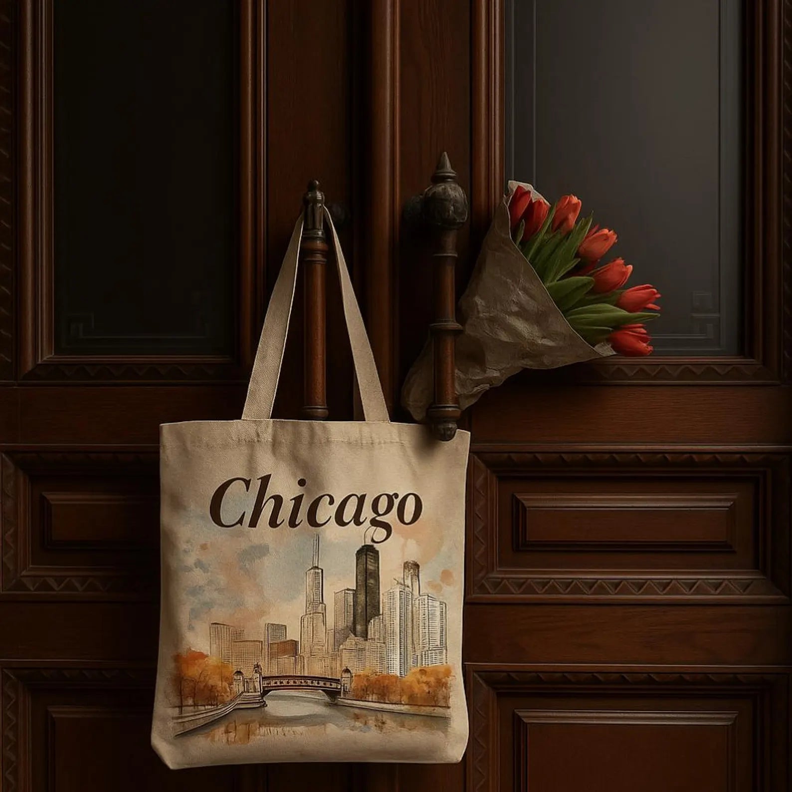 Chicago tote bag with watercolor skyline, hanging on vintage wooden double doors next to tulips.