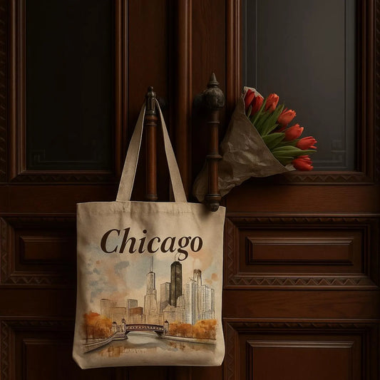 Chicago tote bag with watercolor skyline, hanging on vintage wooden double doors next to tulips.