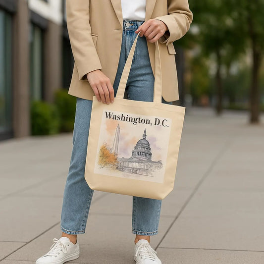Close-up of a fashionable woman walking on a city street in sneakers and a beige coat, holding a Washington, D.C. organic cotton tote bag in her hand. Urban lifestyle mockup