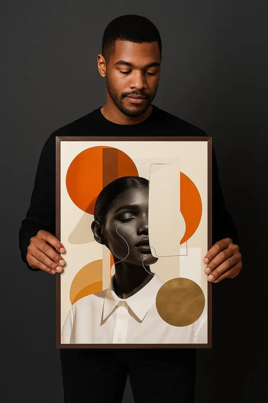 Man holding abstract face poster with geometric shapes in orange and gold on light background.