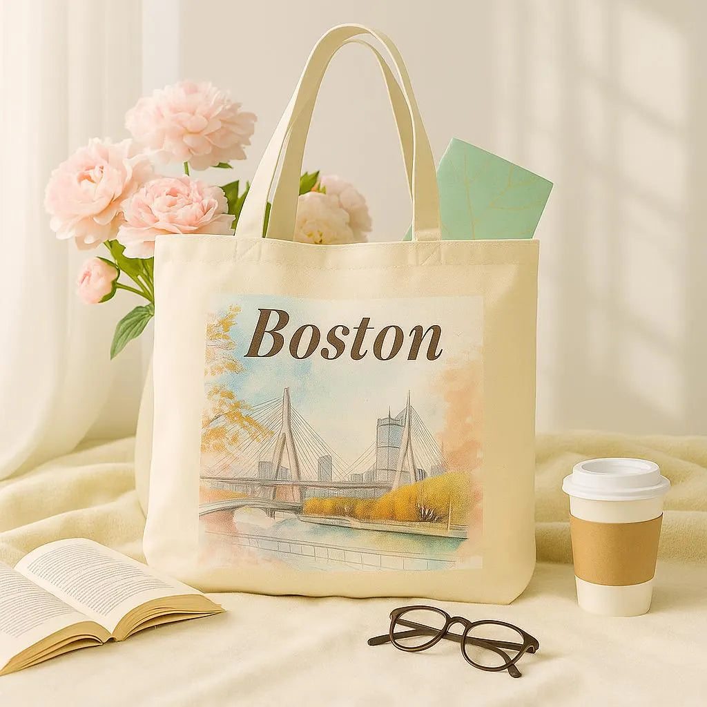 Aesthetic flat lay of a Boston tote bag with floral background, book, glasses, and coffee — cozy lifestyle scene with soft natural light.