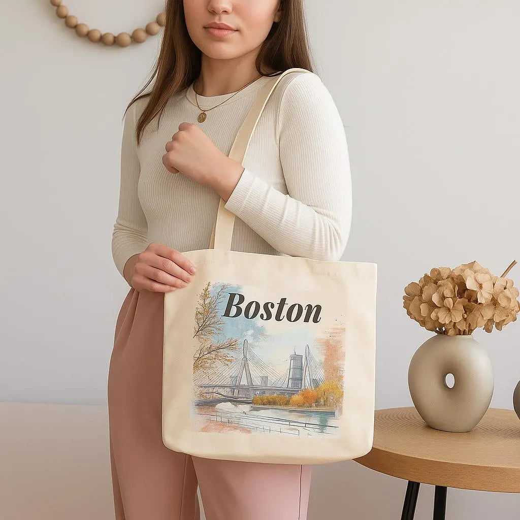 Woman in white top and pink trousers holding Boston tote bag in a softly lit room.