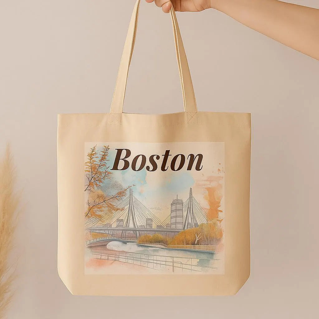 Hand holding beige Boston tote bag with artistic cityscape print, neutral background, minimalist eco-friendly style.