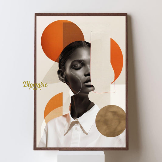 Abstract portrait print in wooden frame hanging on white wall, minimal modern decor.